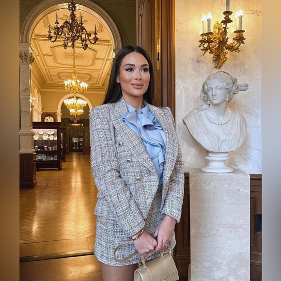 Zara Tweed Blazer Double Breasted Weave Cropped Jacket Small - Picture 2 of 12